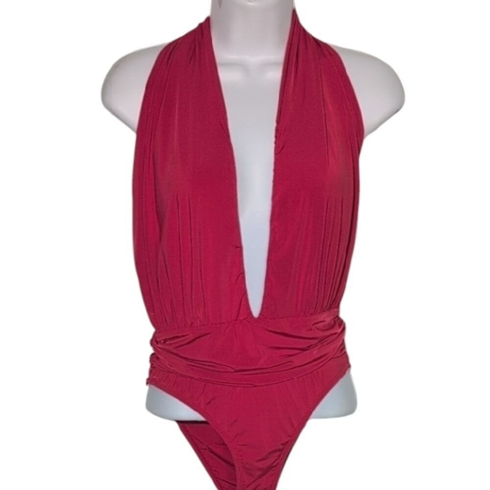 Red Plunge Halter Bodysuit